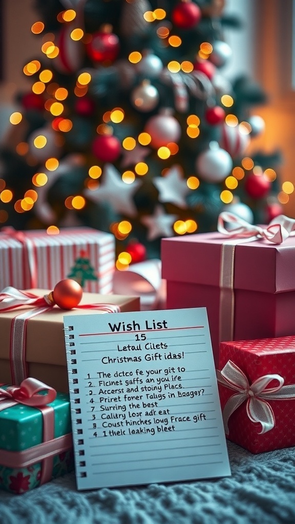 A festive Christmas wishlist with unique gift ideas, a decorated tree, and colorful presents.